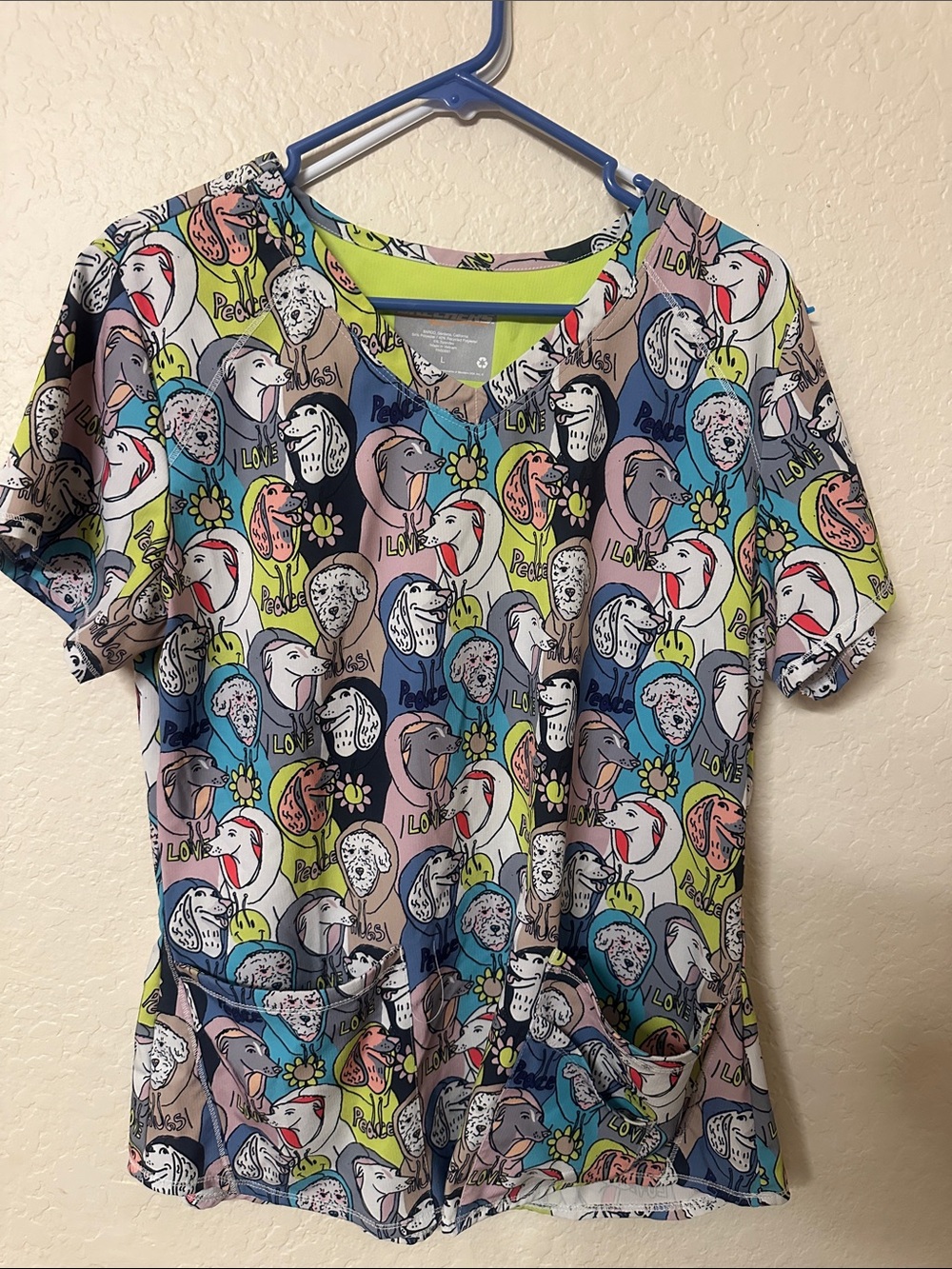 Skechers Lime Green Scrub Top with dogs in hoodies